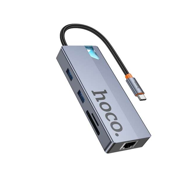 USB-хаб Hoco HB52 Wow 8-in-1 multi-function converter(HDTV+RJ45+SD/TF+PD+Type-C3.0+USB3.0*2) Metal Gray