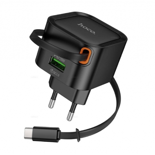 СЗУ Hoco C154A Changer PD20W+QC3.0 charger with telescopic cable(EU) Black (C154A)