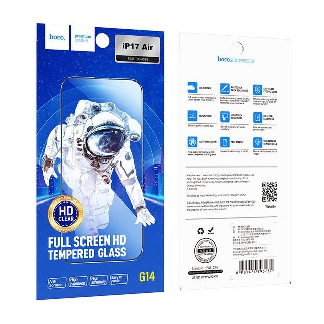 Захисне скло Hoco Guardian shield series full screen HD tempered glass set for iP17 Air (G14) Black