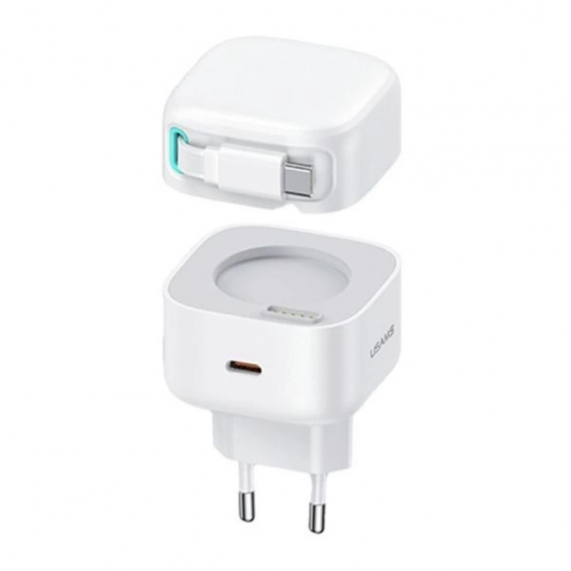 СЗУ USAMS US-CC202 PD35W Dual 2C With Type-C Magnetic Retractable Cable Module (EU) White (Уценка)