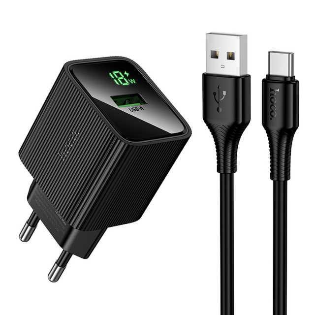 МЗП Hoco CS81A Excellent single port QC3.0 charger with digital display set(Type-C)(EU) Black