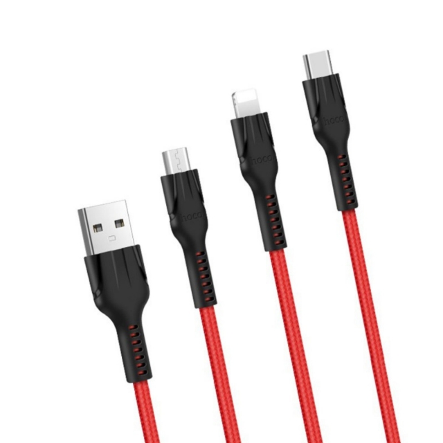 Кабель Hoco U31 Benay one pull three charging cable,Lightning+Micro+Type-c Red (U31)