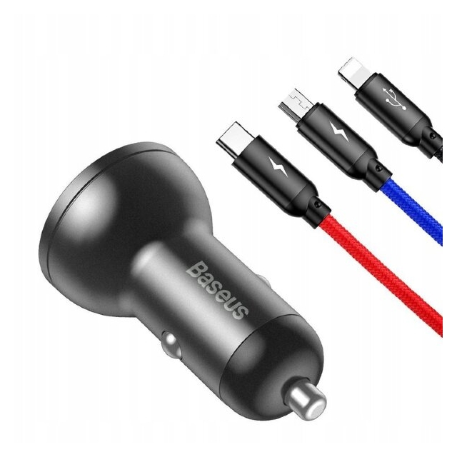 АЗП Baseus Digital Display Dual USB 4.8A Car Charger with 3-in-1 Cable USB 1.2M Grey
