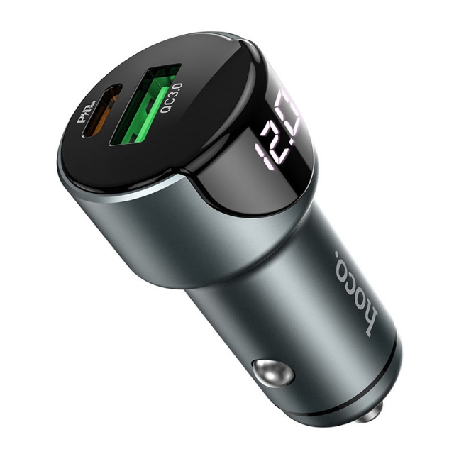 АЗП Hoco Z42 Light road dual port digital display PD20W + QC3.0 car charger Metal Gray