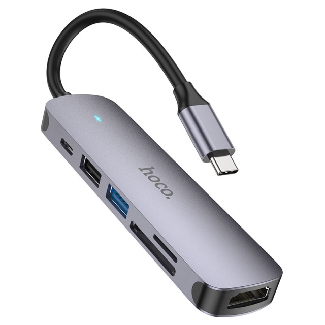USB-хаб Hoco HB28 Type-C multi-function converter(HDTV+USB3.0+USB2.0+SD+TF+PD) Metal Gray (HB28)