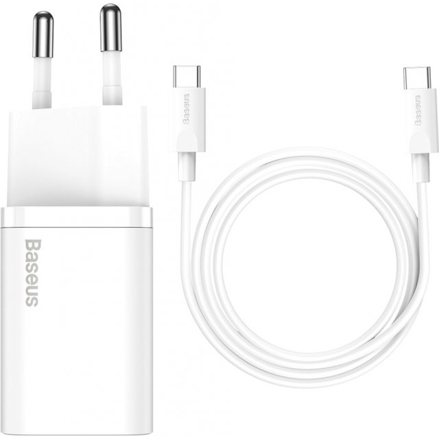 МЗП Baseus Super Si Quick Charger with Mini Cable Type-C to Type-C 3A 25W EU Sets White