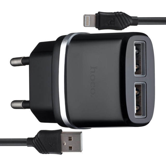 СЗУ Hoco C12 Smart dual USB charger set with Lightning cable(EU) 2USB 2.4A Black (C12)