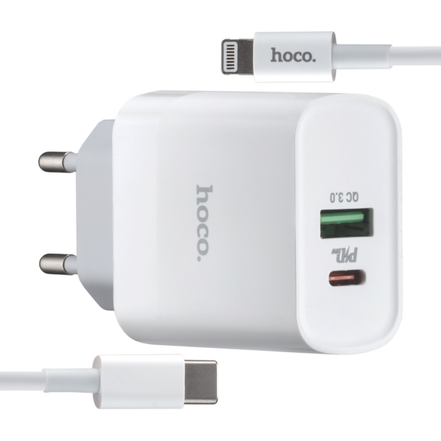 МЗП Hoco C80A Rapido PD20W + QC3.0 charger set Type-C to Lightning ( EU ) White