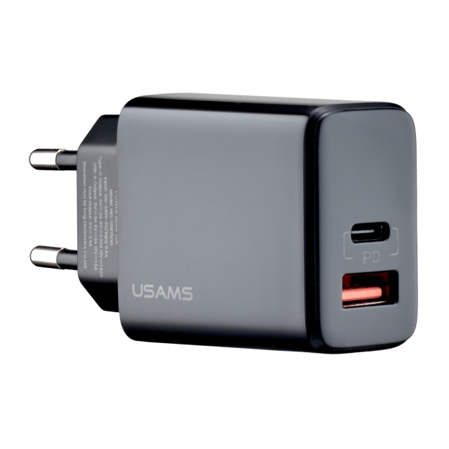 СЗУ USAMS CC133 T40 QC3.0+PD Digital Display Fast USB+Type-C Charger 20W (EU) Black (CC133)