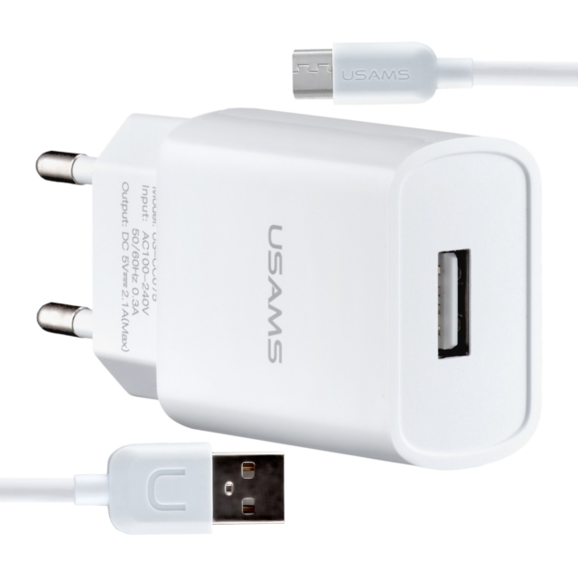 СЗУ USAMS T21 Charger kit- T18 single USB EU charger + Micro cable White (T21)