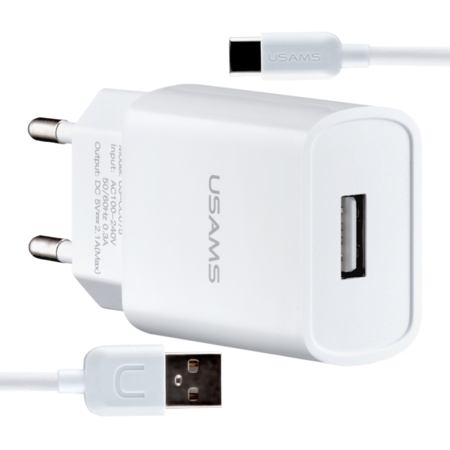 СЗУ USAMS T21 Charger kit- T18 single USB EU charger + Type-C cable White (T21)