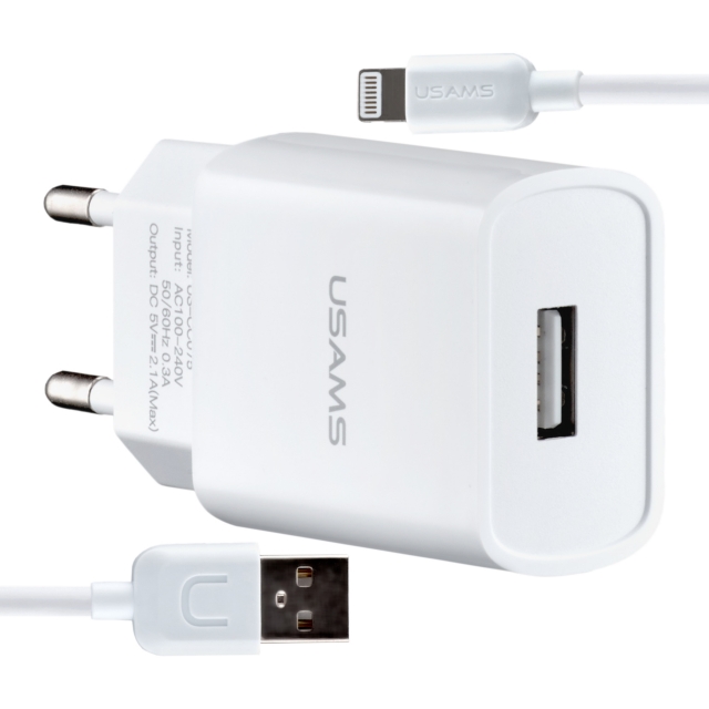 СЗУ USAMS T21 Charger kit- T18 single USB EU charger + Lightning cable White (T21)