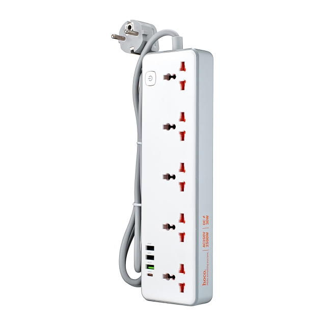 Мережевий фільтрі Hoco AC14A Rico 5-position socket (PD30W/1C3A) (EU) White