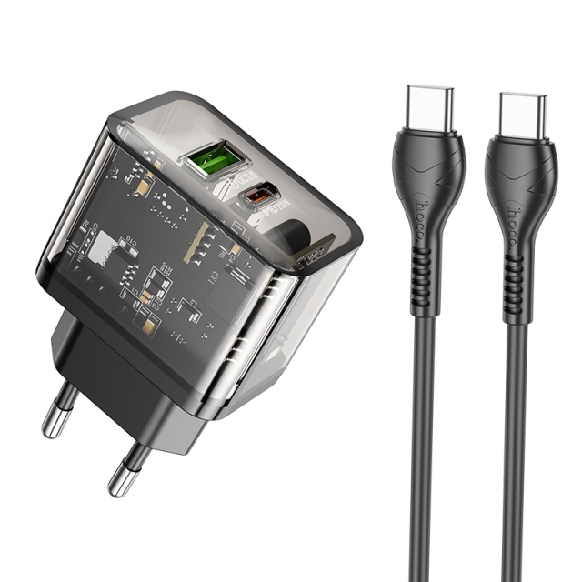 СЗУ Hoco N34 Dazzling dual-port PD20W+QC3.0 charger set(Type-C to Type-C)(EU) Transparent Black (N34)